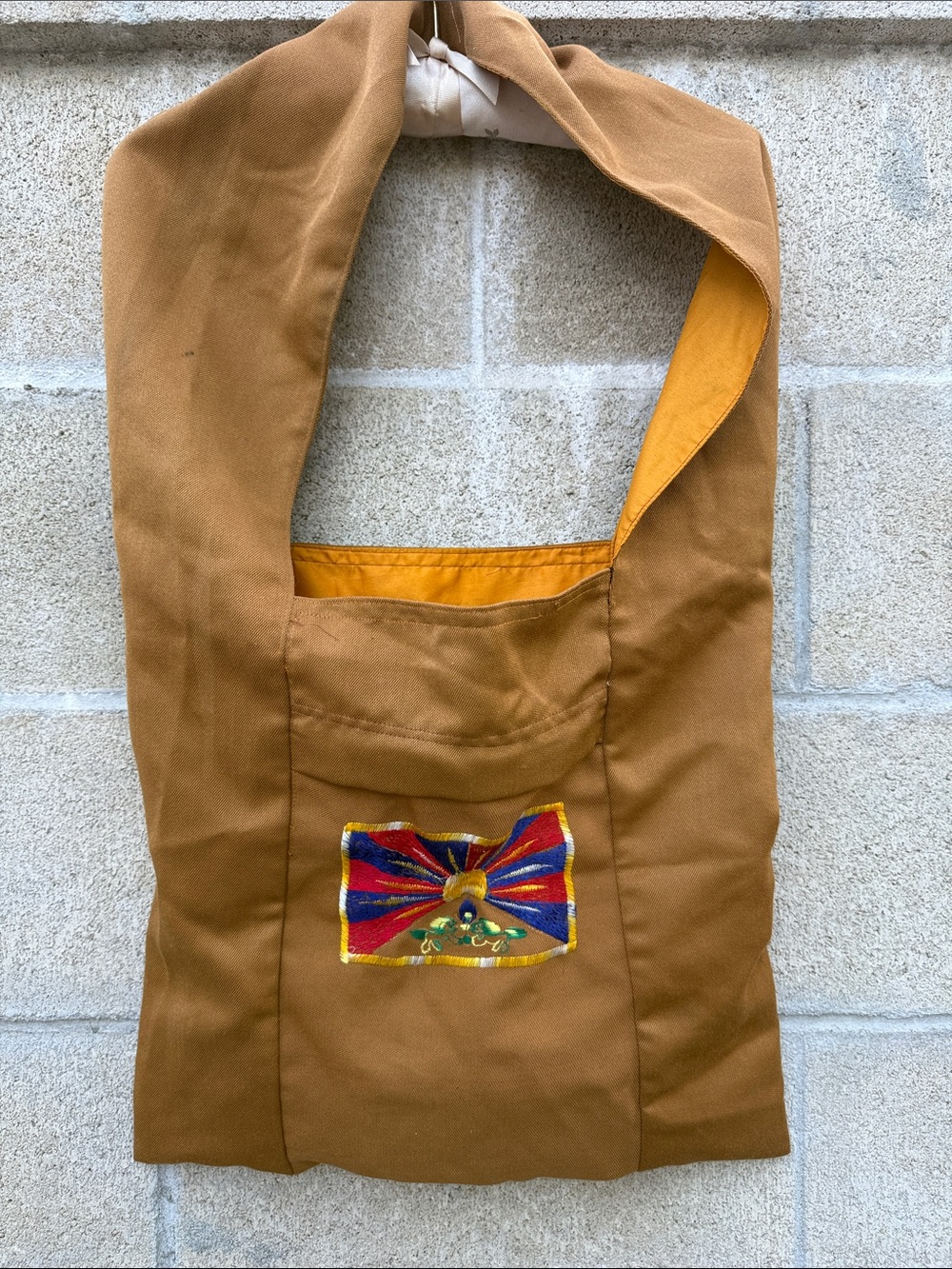 Tan Cotton Shoulder Satchel with Colorful Embroidered Accent